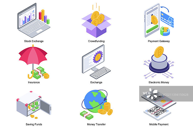 金融科技概念2.5D等距图标集图片素材