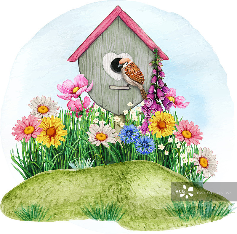 鲜花点缀的水彩春季鸟舍图片素材