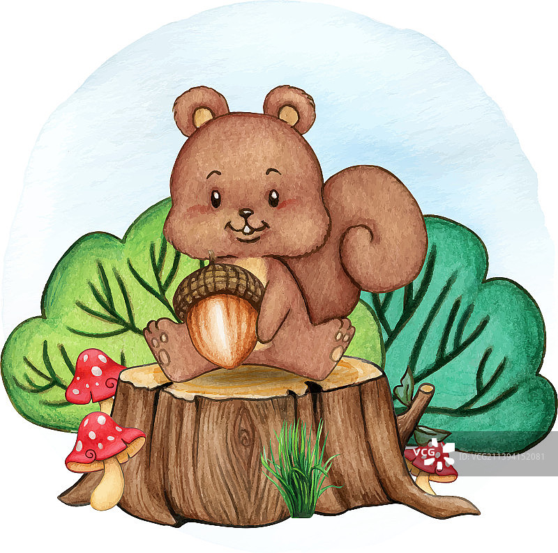 树桩上的水彩森林动物宝宝图片素材