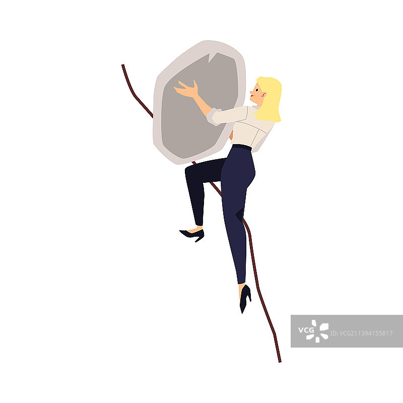 女商人推着沉重的石头上坡图片素材