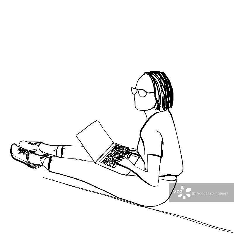 躺着使用笔记本电脑的女人简笔画图片素材