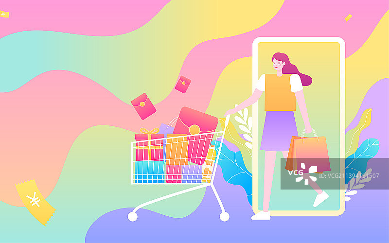 电商购物节的节日促销商业女性手机购物矢量插画活动图片素材