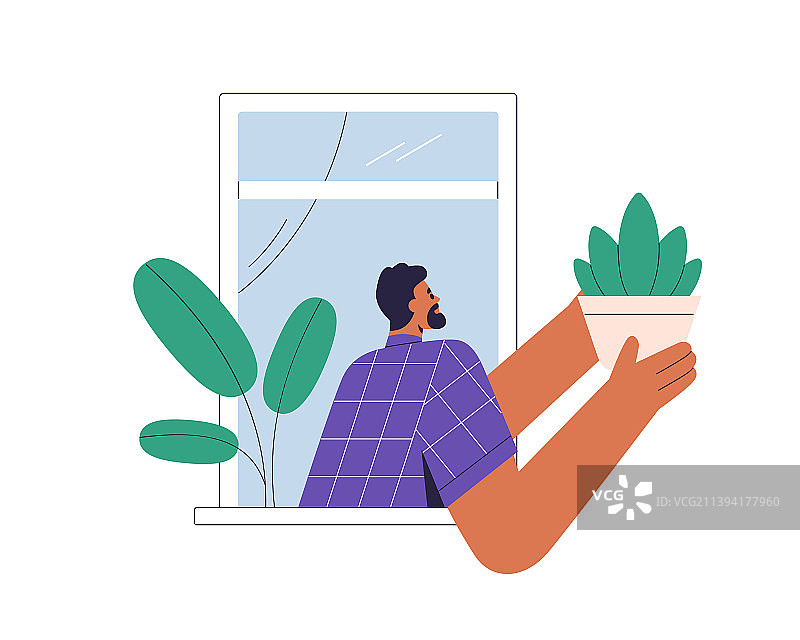 在敞开的窗户里手捧盆栽植物的人图片素材