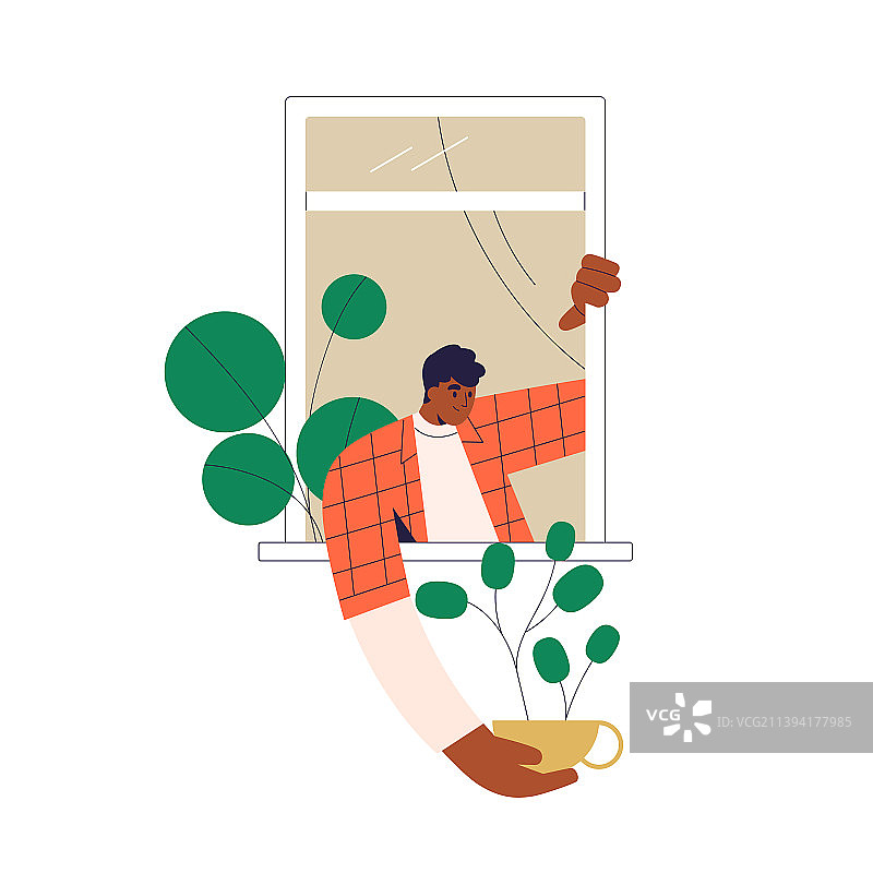 快乐的男人用盆栽装饰房子外面图片素材