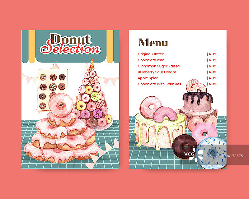 菜单模板与甜甜圈派对概念水彩图片素材