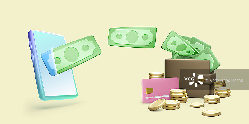 2.5D手机与纸币钱包图片素材