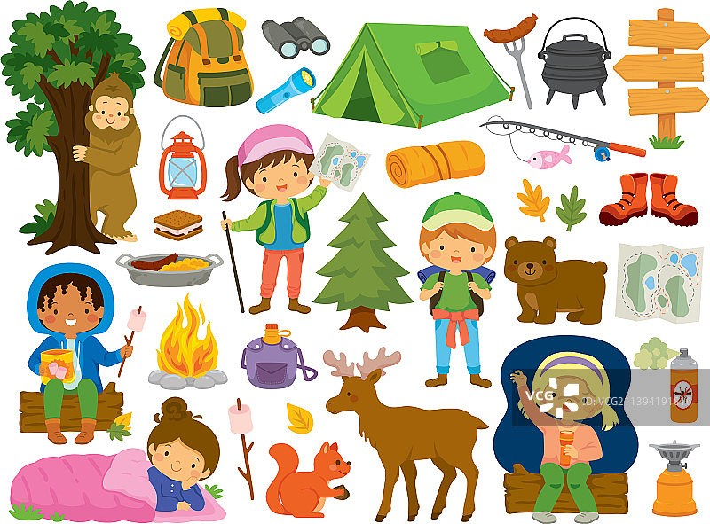 儿童与动物露营剪贴画合集图片素材