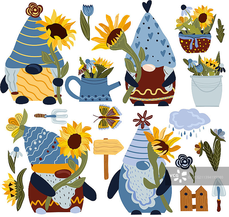 手持向日葵的园艺小矮人合集图片素材
