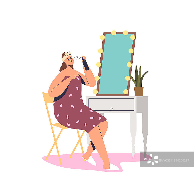 年轻女人使用喷雾保湿化妆品图片素材