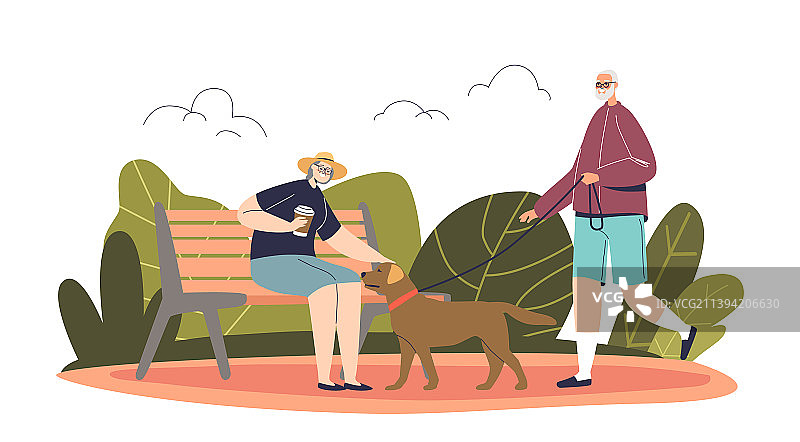 老人在公园遛狗，享受生活图片素材