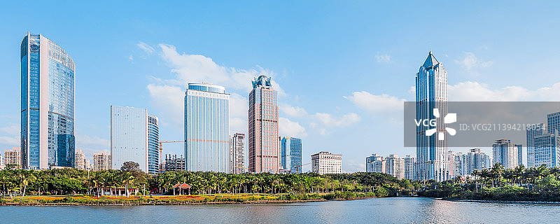 中国海南海口万绿园的花丛和国贸CBD建筑群晴天风光图片素材