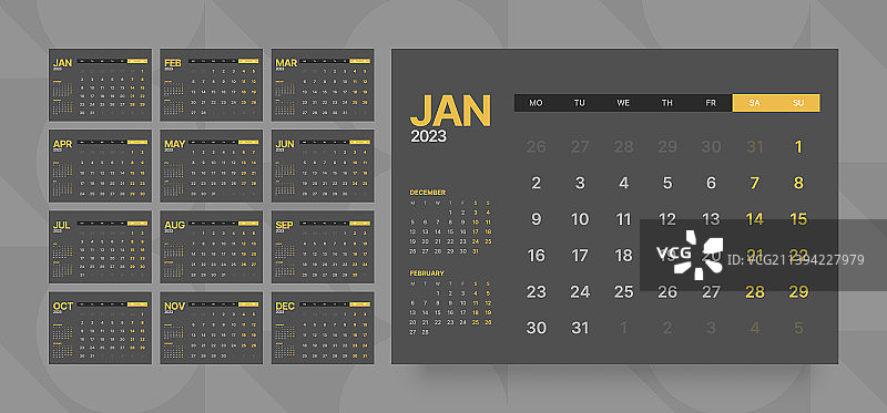 2023年月度日历，从星期一开始图片素材