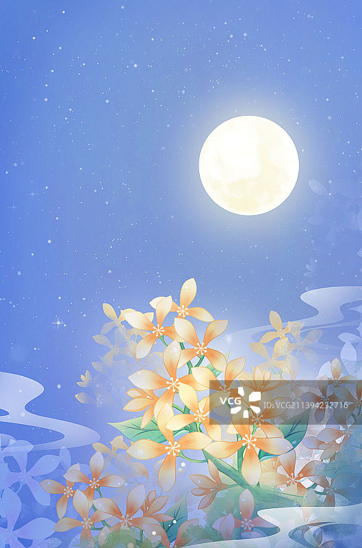 月下桂花，蓝色唯美国风中秋佳节插画图片素材