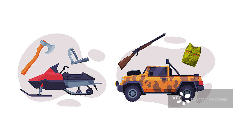 越野车携带步枪和雪地摩托进行狩猎图片素材