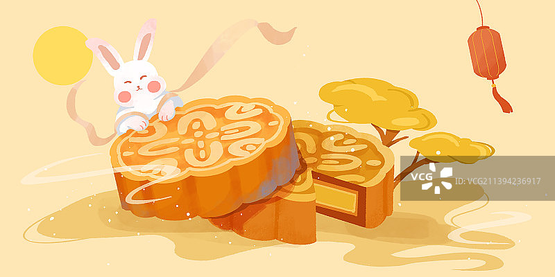 中秋传统节日兔子月饼插画图片素材