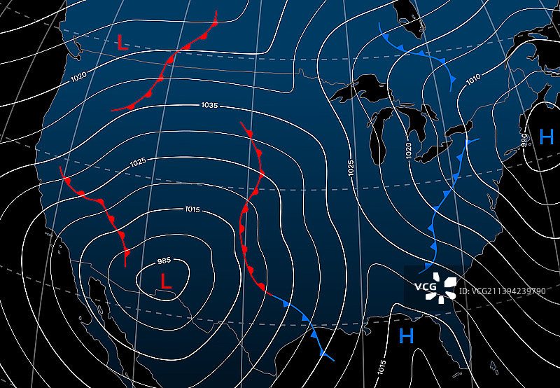 北美洲天气预报等压线夜间地图图片素材