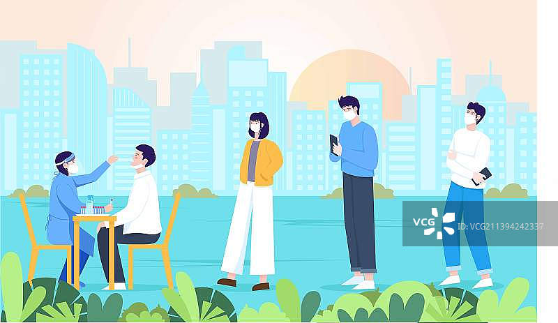 社区排队核酸采样插画海报图片素材