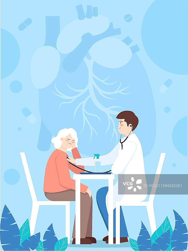 医生正在给一位老奶奶心脏听诊插画海报图片素材
