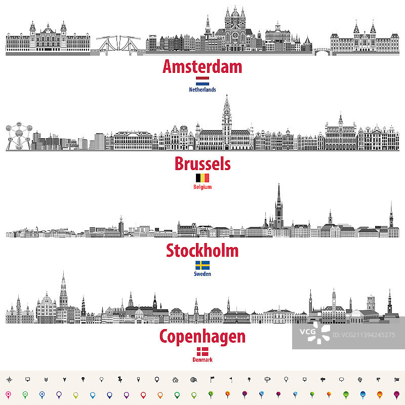 阿姆斯特丹、布鲁塞尔和斯德哥尔摩的城市风光图片素材