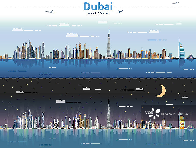 迪拜城市天际线日与夜图片素材