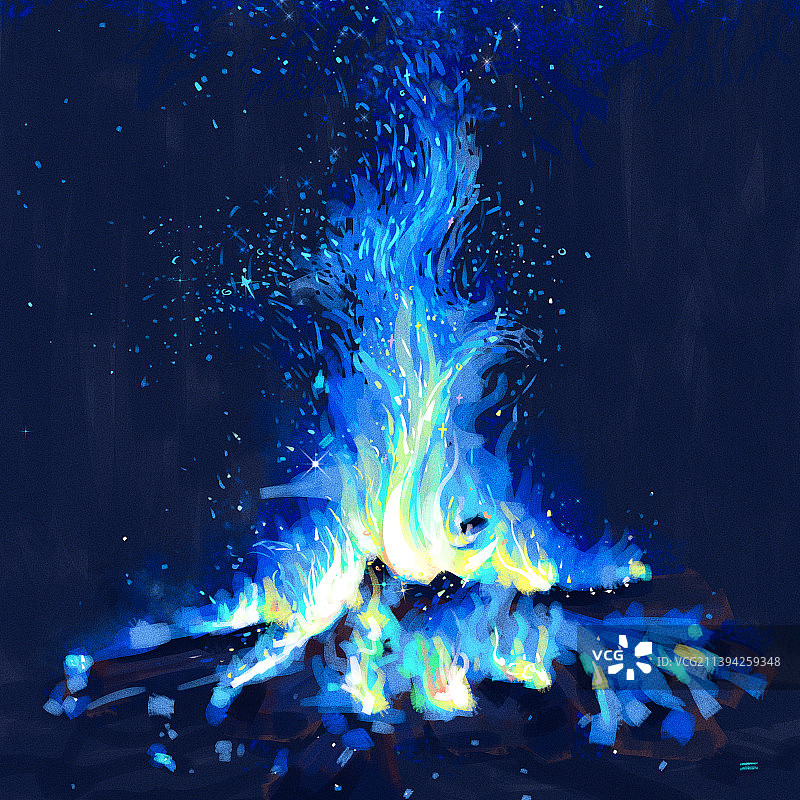 月亮燃烧蓝色火焰创意插画图片素材