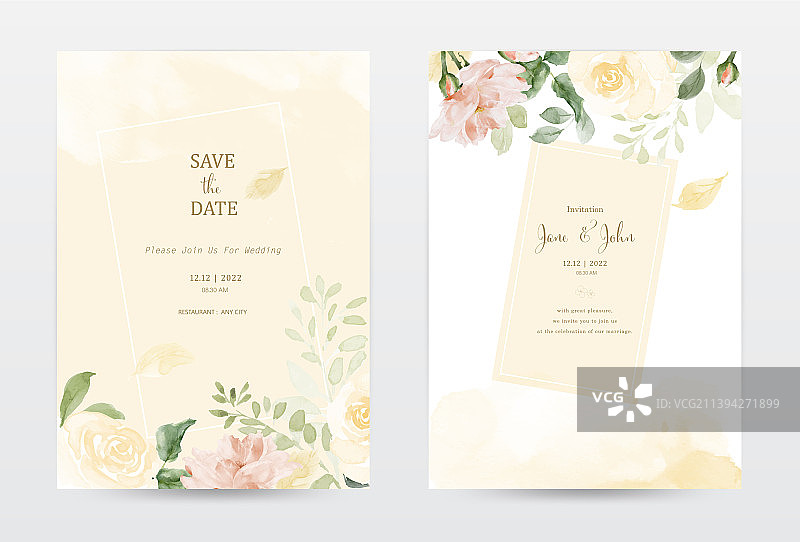 黄色模板玫瑰水彩邀请函图片素材