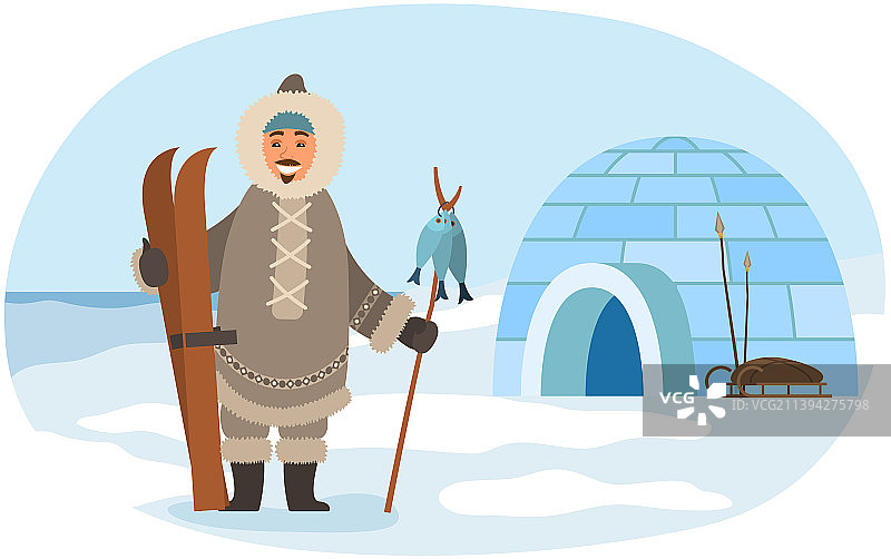 爱斯基摩人在冰屋附近捕鱼图片素材