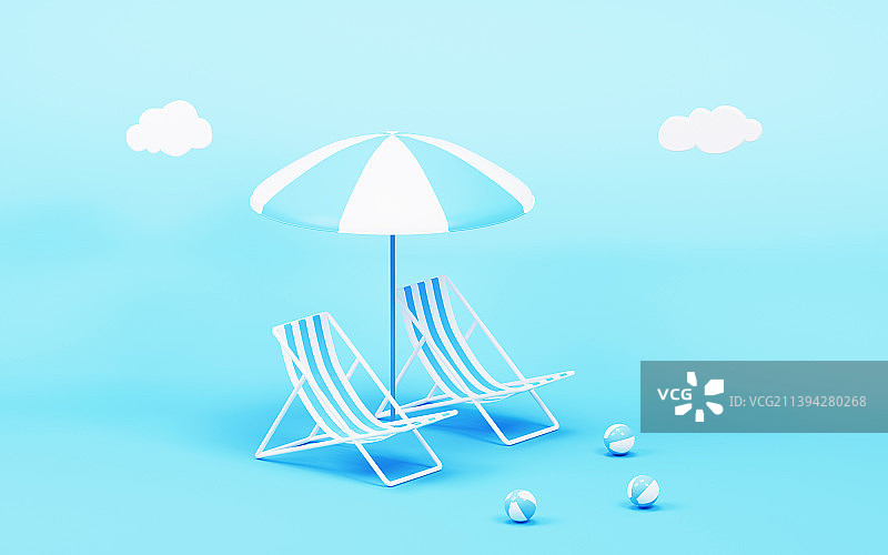 休闲躺椅与遮阳伞和球三维渲染图片素材