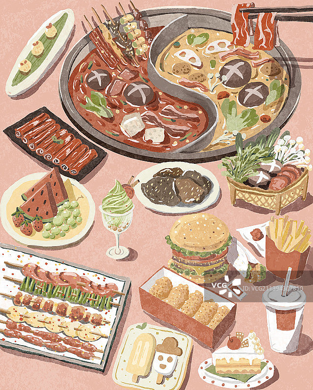 火锅蛋糕汉堡薯条烧烤可乐鸡翅等美食肌理扁平风插画图片素材