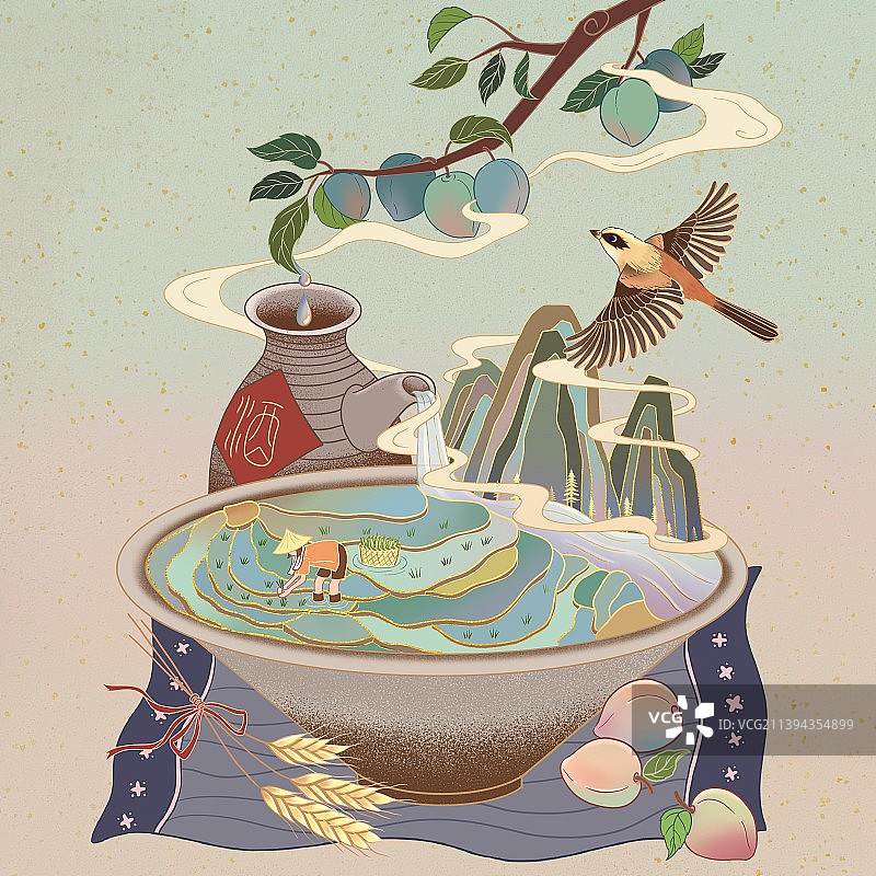 二十四节气国风插画之芒种方形构图渐变背景图片素材