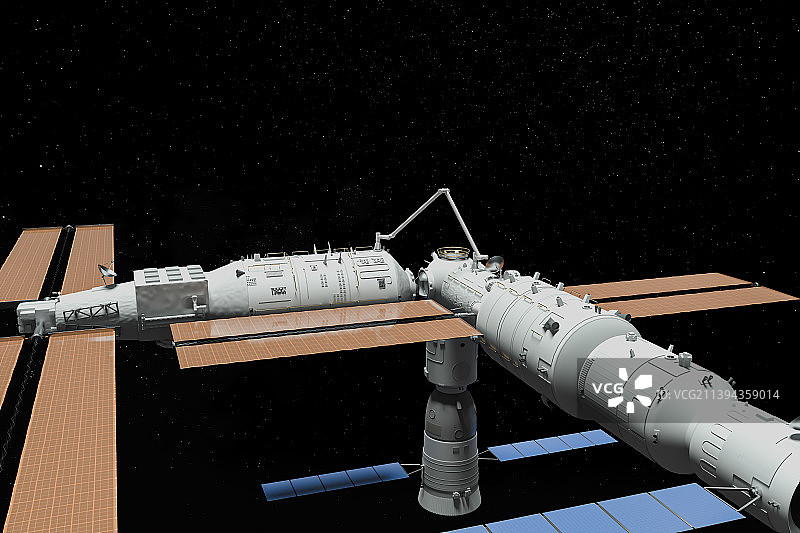 中国问天试验舱机械臂转换位置与天和核心舱对接图片素材
