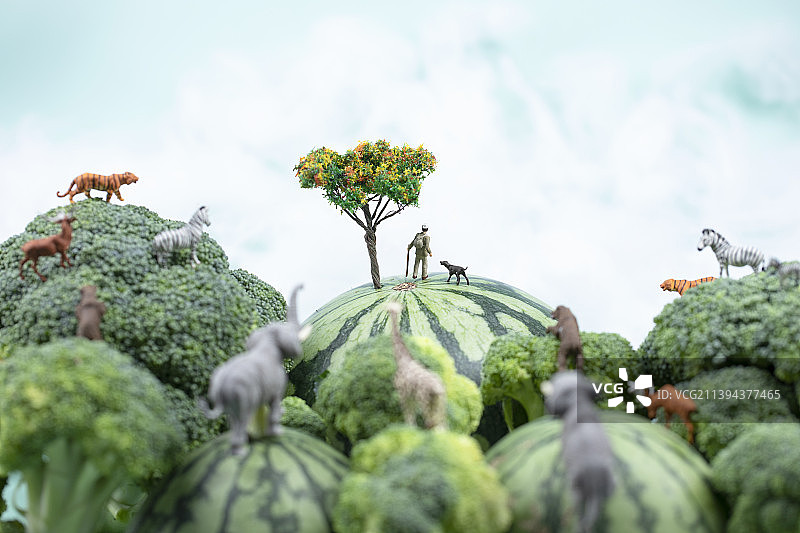 西瓜森林上的动物和模型小人图片素材