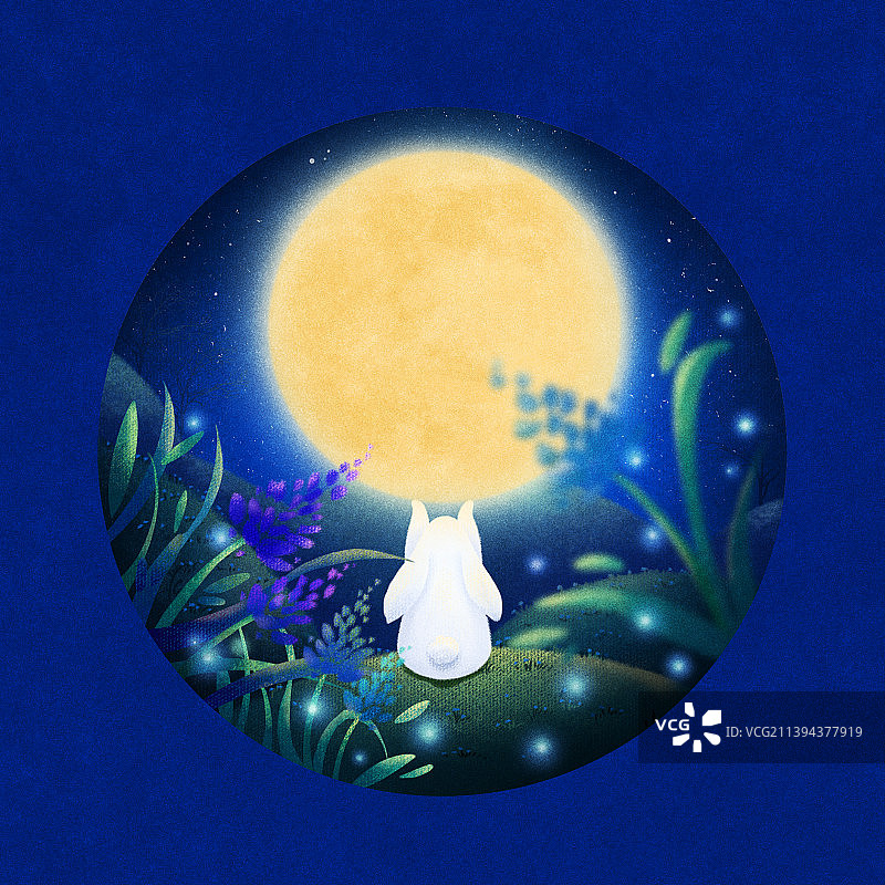 兔子举月唯美插画图片素材
