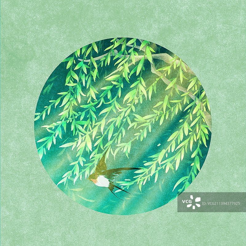 杨柳飞燕光影清新插画图片素材