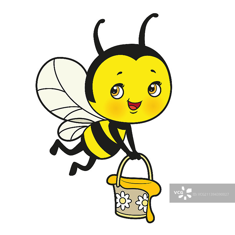 卡通可爱蜜蜂带着一桶蜂蜜飞翔图片素材