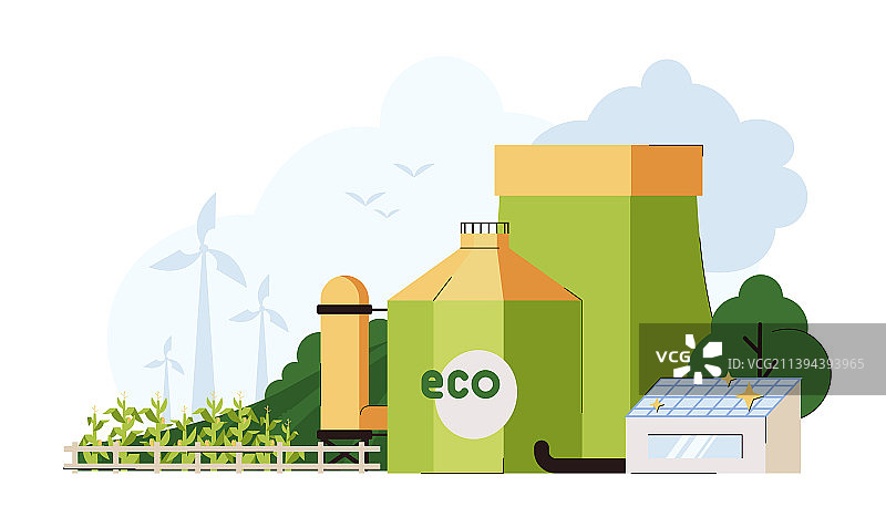 带玉米地的生物燃料生产厂扁平风图片素材