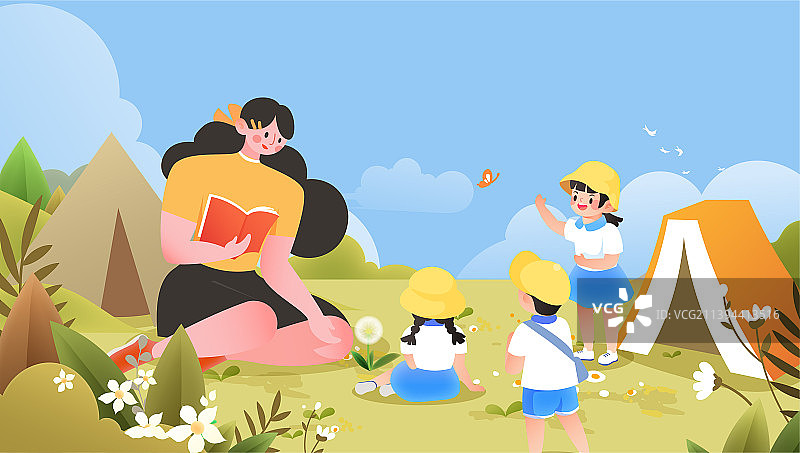 暑期夏令营郊游老师和小朋友矢量插画图片素材