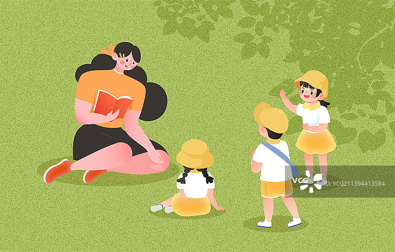 绿色的草地上老师在给小朋友讲故事图片素材