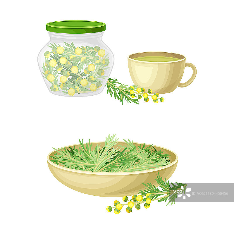 草药茶与罐装干艾草图片素材