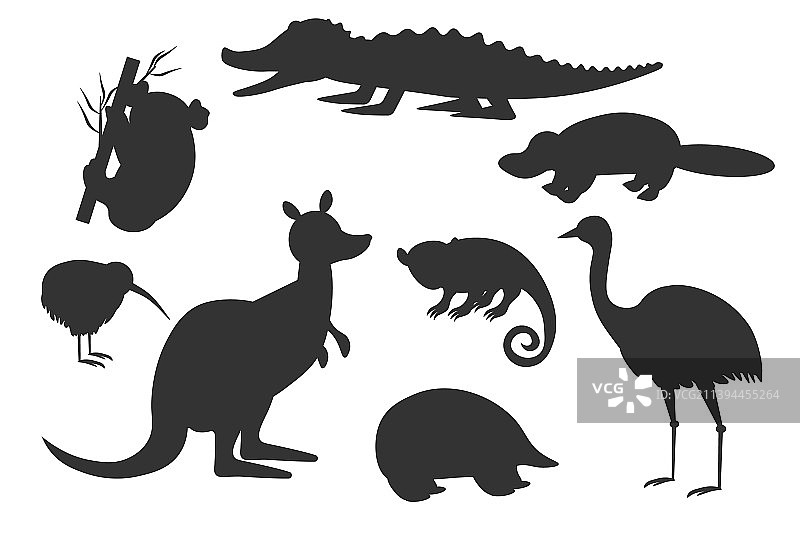 一组澳大利亚动物黑色轮廓剪影图片素材