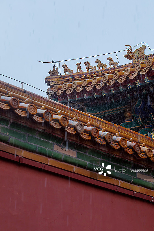 雨中故宫,红墙与屋脊兽特写图片素材