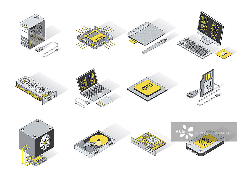 电脑元件概念2.5D等距图标集图片素材