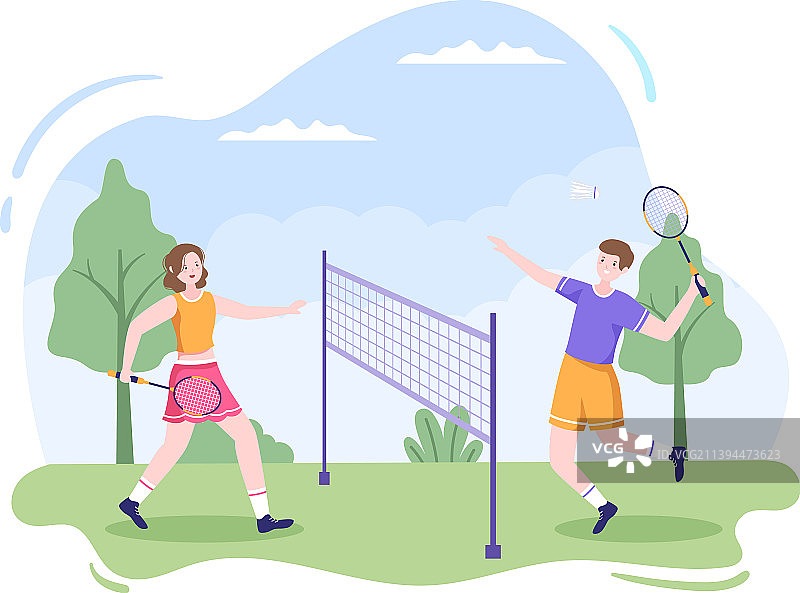 扁平风格的球场羽毛球运动员图片素材