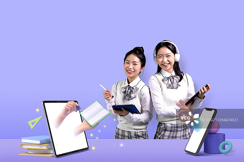 远程学习在线课程海报（韩国高中女生）图片素材