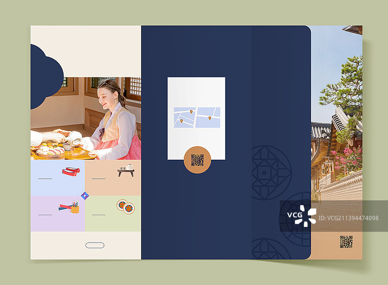 体验韩国传统的韩裔和白人女孩宣传册模板，如韩服和韩屋图片素材