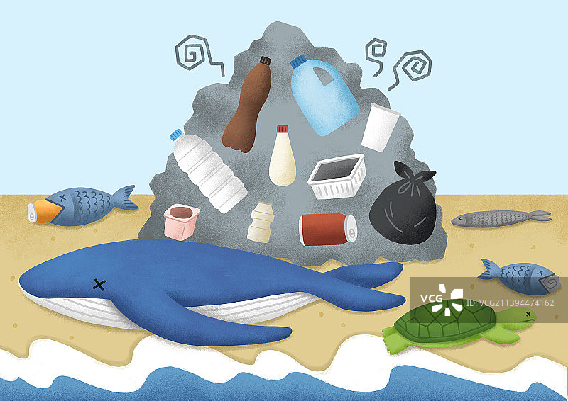 保护我们的环境，地球日概念绘画：海洋生物遭受垃圾之苦图片素材