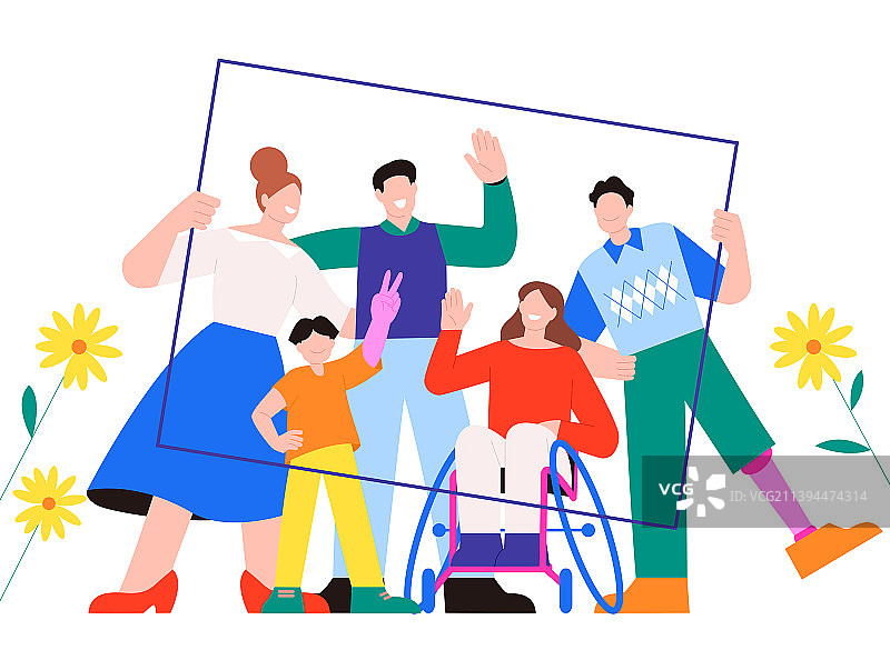 残疾人和健全人拍摄家庭照插画图片素材