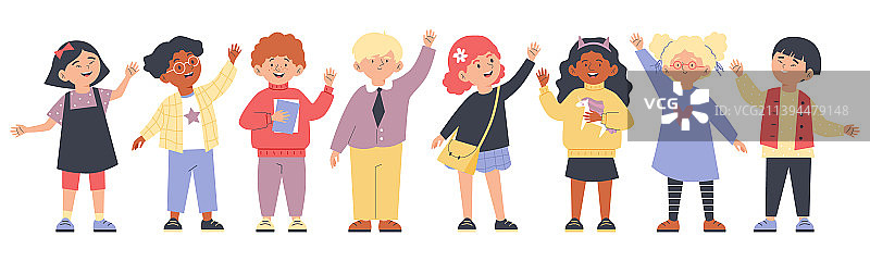 微笑的多文化儿童挥手致意图片素材