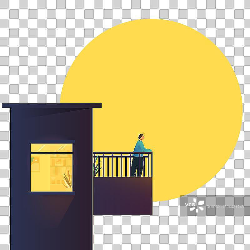 男人站在阳台赏月矢量插画元素图片素材
