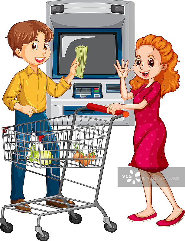 男人在ATM机上取钱，他的妻子在旁图片素材